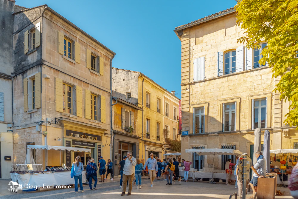 Fotografía de diegoenfrance.com de una plaza en Saint Remy de Provence con arquitectura tradicional y mercado local, ideal para pasear.