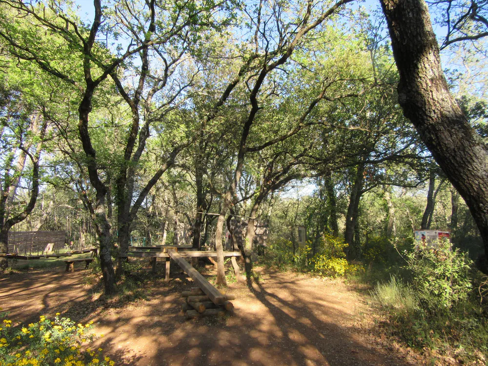 Natural park near Gordes, Provence, with wooden games integrated in an environment of oak trees and Mediterranean vegetation.
