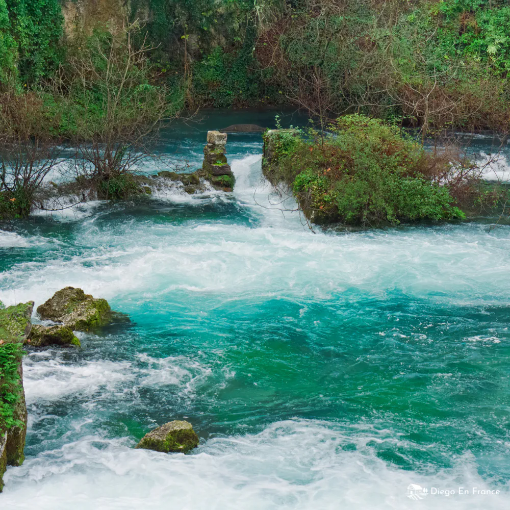 Fotografía de diegoenfrance.com de la poderosa exsurgencia de la Sorgue rodeada de vegetación