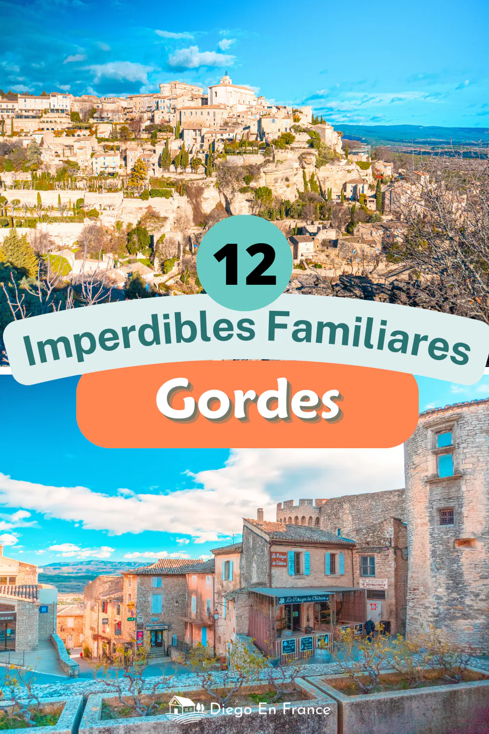 Fotografía de diegoenfrance.com de una vista panorámica del pueblo de Gordes, iluminado por la luz dorada del atardecer