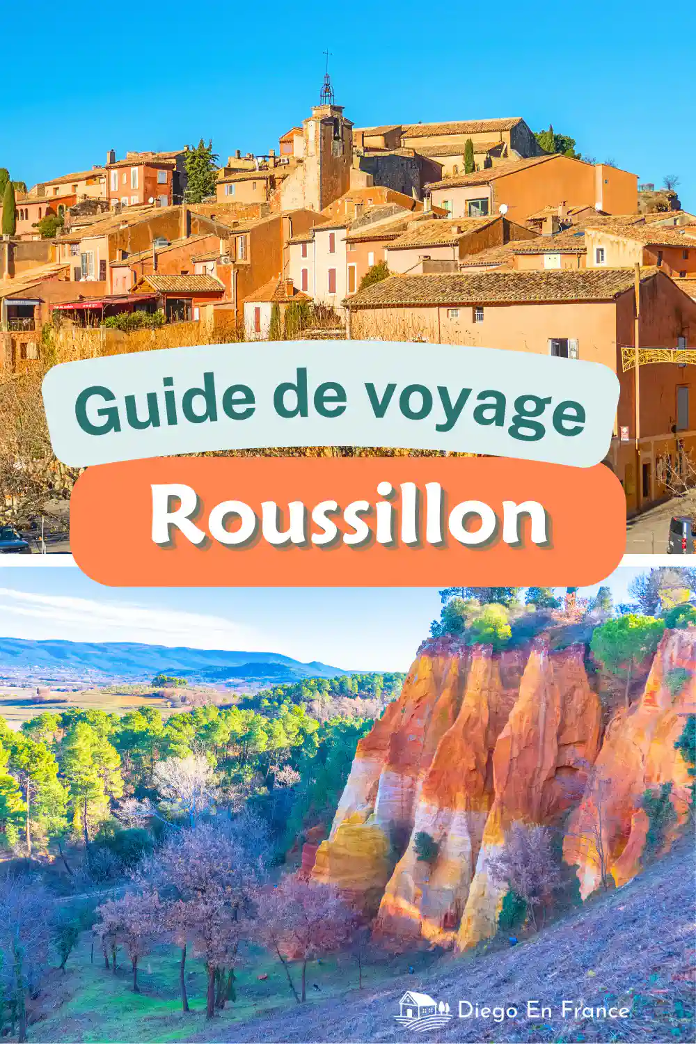 Collage de paysages ocres par une journée ensoleillée, caractéristiques du Roussillon, en Provence, France.