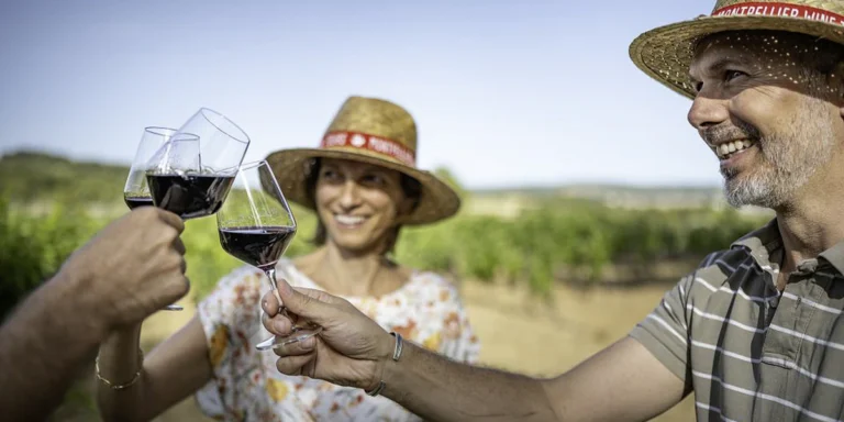 Foto de personas disfrutando de un brindis en una viña durante un tour enologico cerca de Montpellier