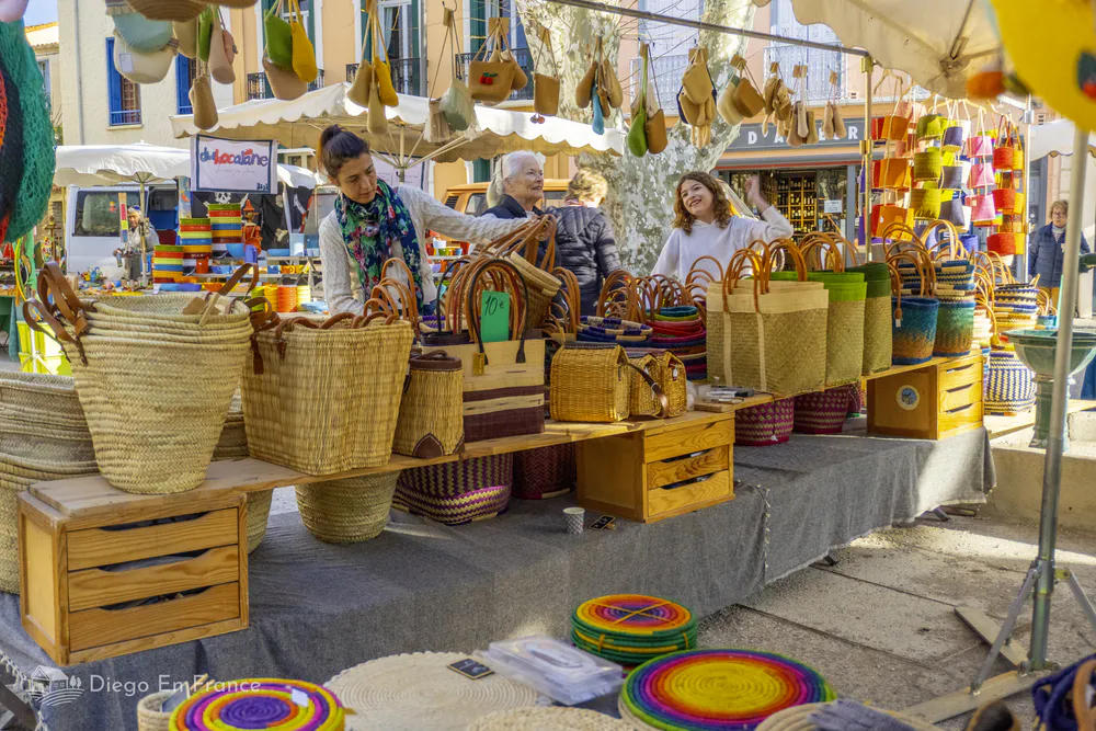 Local market in Collioure with artisanal products and regional specialties.