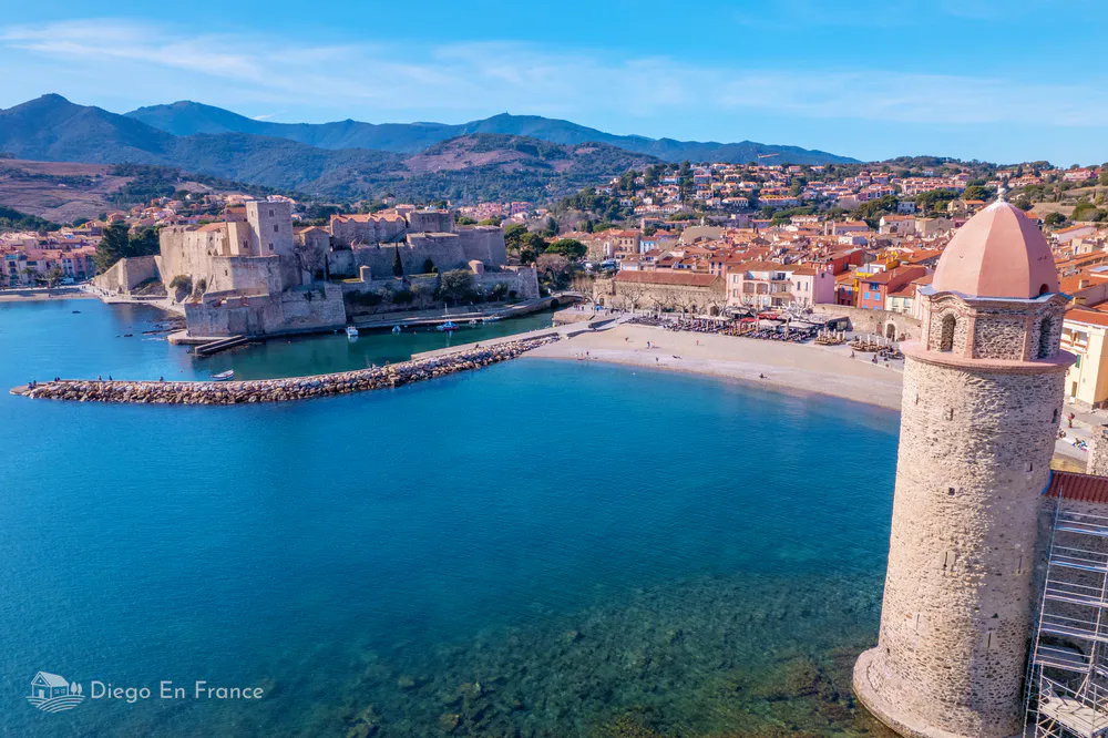 Golden sunset over the bell tower of the church of Notre-Dame-des-Anges in Collioure.