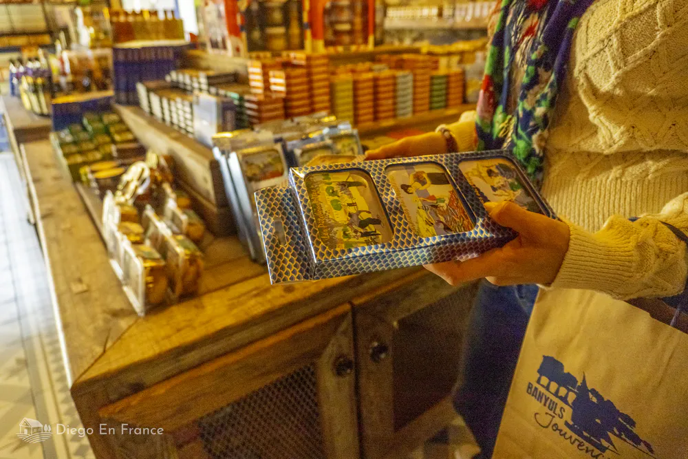 Local produce store in Collioure with tins of anchovies on display