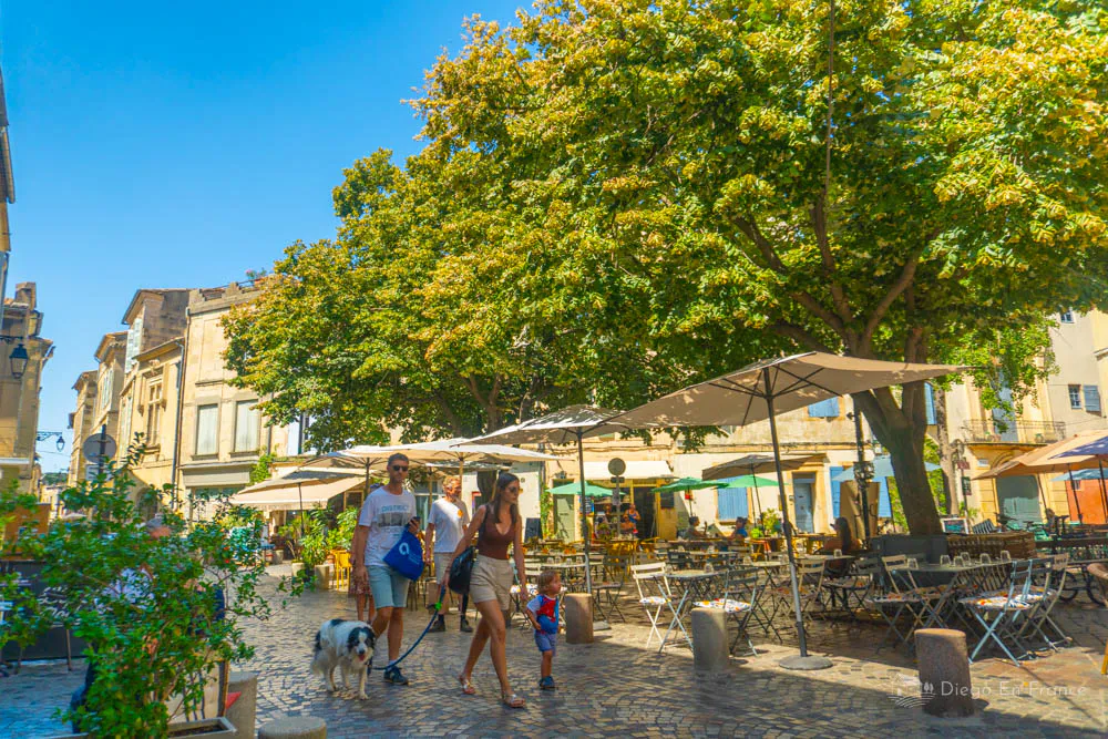 Fotografía de diegoenfrance.com de una plaza de Arles con terrazas, un imprescindible en la ruta de qué ver en Arles