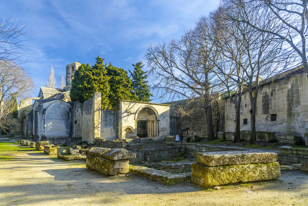 Photo by diegoenfrance.com showing the path lined with sarcophagi and trees—a walk steeped in history in Arles.