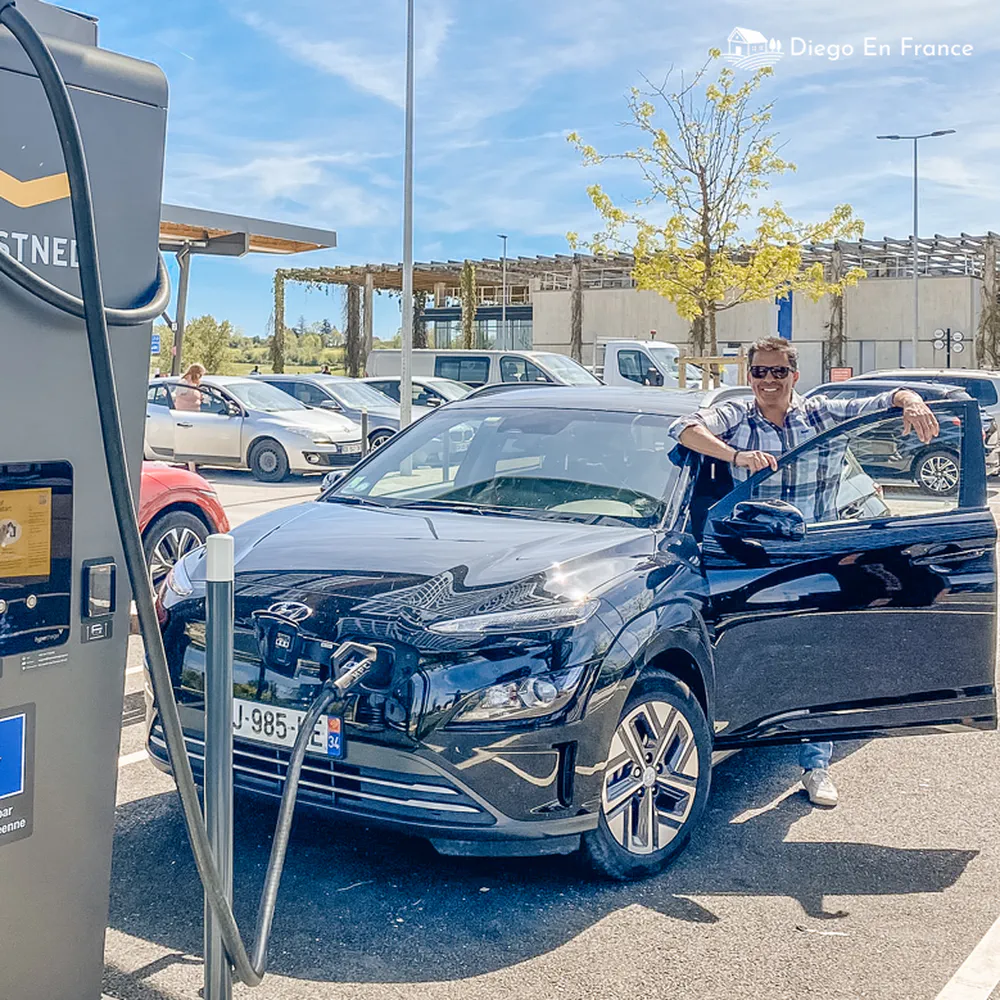 Photo by diegoenfrance.com showing an electric vehicle charging stop—an essential part of how to drive in France today.