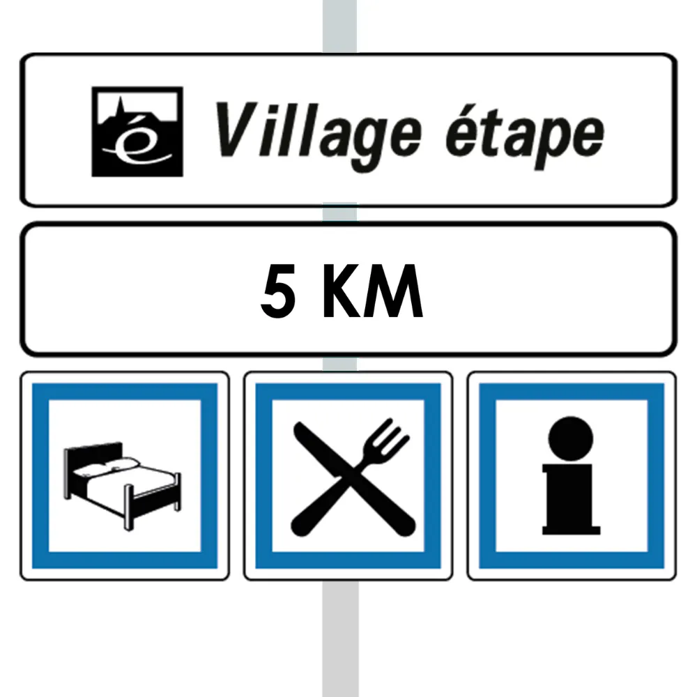 Los símbolos clave para identificar la cercanía de un village étape cercano al conducir en Francia. diegoenfrance