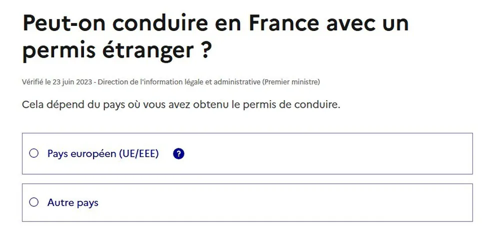Capture d'écran de diegoenfrance.com montrant les exigences légales pour les touristes en fonction du pays d'origine du permis de conduire.