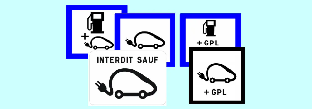 Key symbols to identify charging areas while driving an electric car in France.