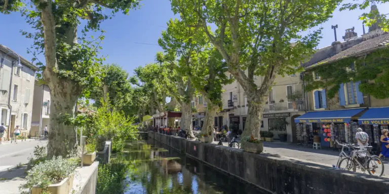 Vista de uno de los canales con altos y verdes arboles, en el pueblo de Vezenobres, sur de Francia