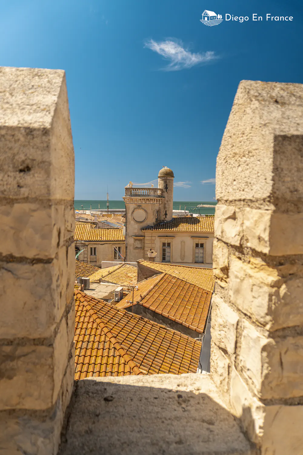 Photographie de diegoenfrance.com depuis l’église Notre-Dame-de-la-Mer avec vue panoramique sur le village et la Méditerranée