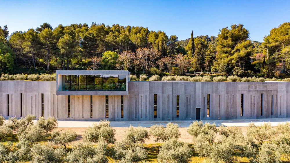 Bodega moderna rodeada de olivos y bosque mediterráneo, ejemplo de enoturismo en la Provenza.