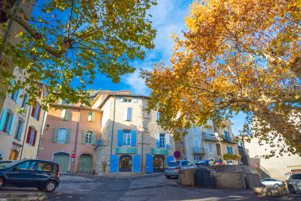 Tree-lined square with colorful façades and parked cars in a village in southern France