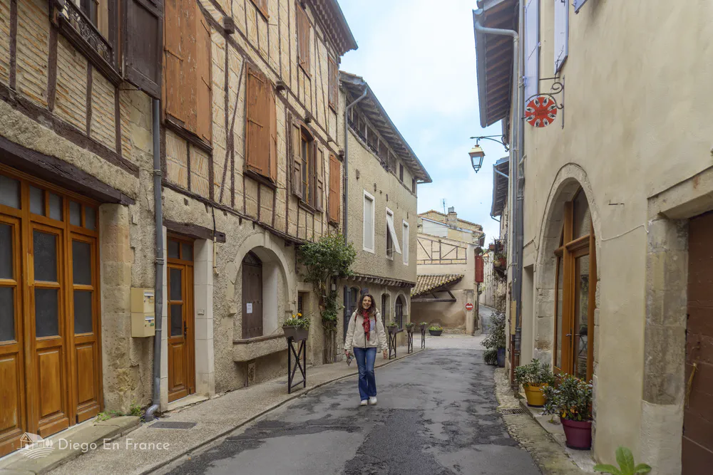Cobbled street with half-timbered houses and a person walking