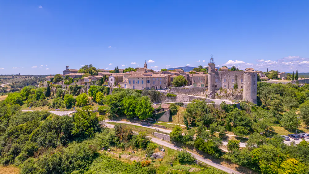 Panoramic view of a fortified village on a hill in southern France