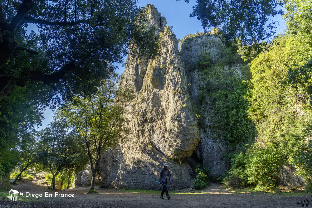Tall rock formations among trees with a person walking