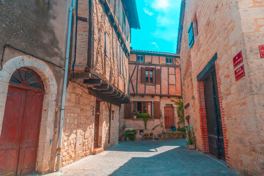 Medieval corner with wood and stone latticework, part of the local heritage.