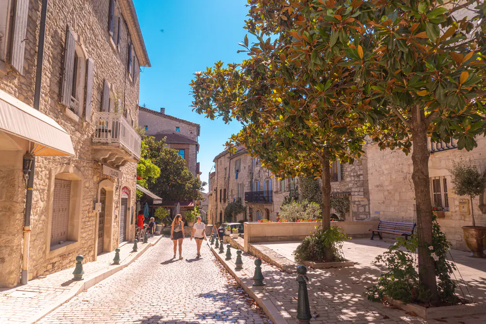 Cobbled street with trees, benches, and stone houses in a village in the south of France