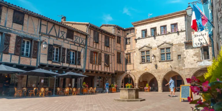 Foto de la plaza central del encantador pueblo de Castelnou de Montmirall, en el Tarn, Francia