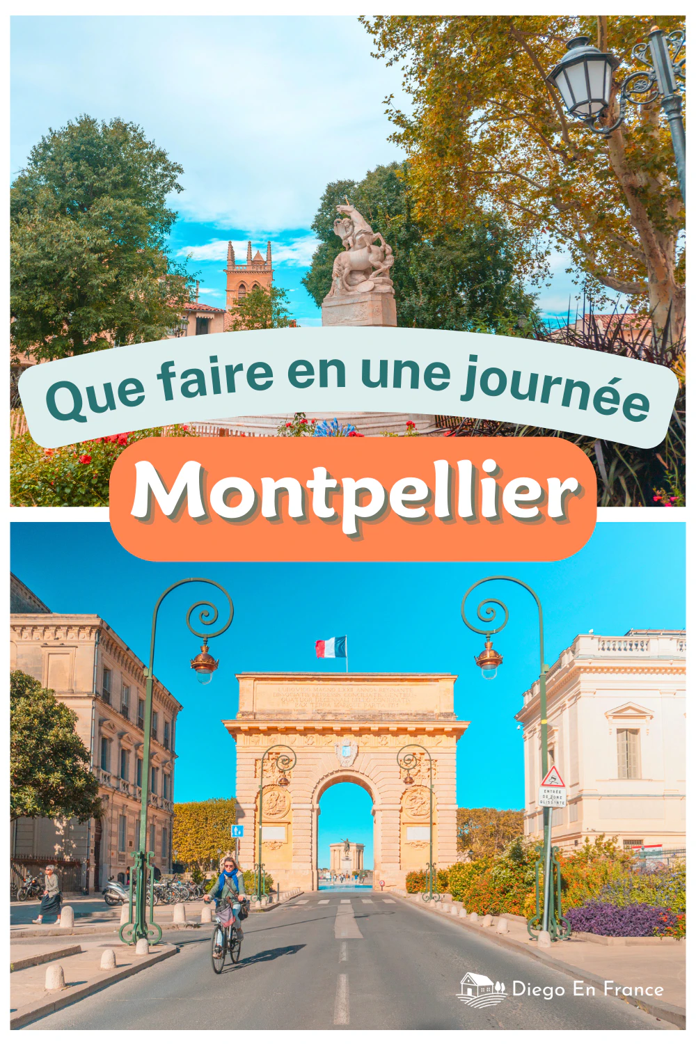 Photographie de diegoenfrance.com montrant les principaux lieux à voir à Montpellier en une journée, entre patrimoine, places et architecture.