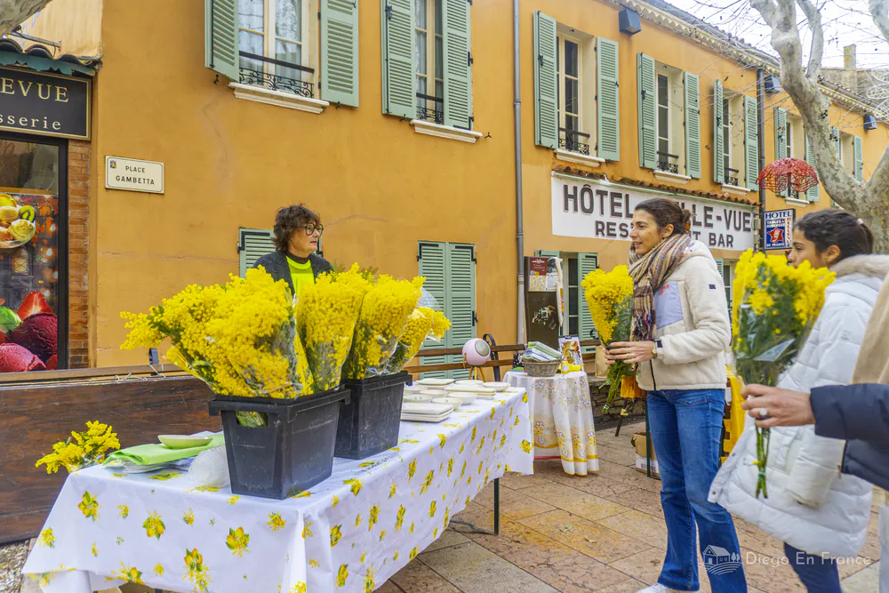 Personas comprando ramos de mimosa en un puesto al aire libre en una plaza