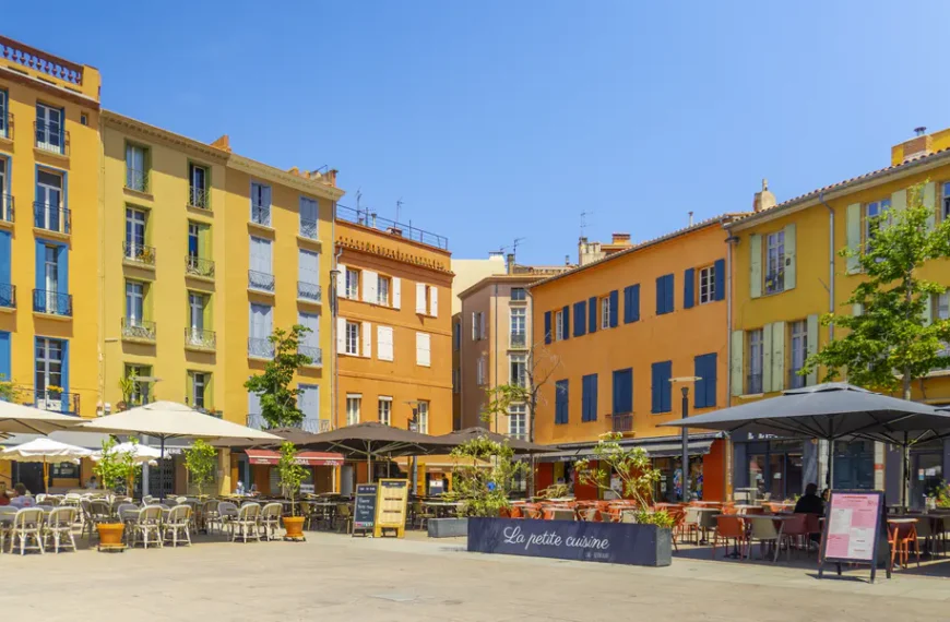 Colorful facades in the center of Perpignan, in southern France