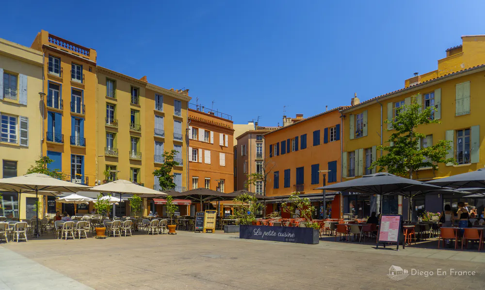 Fotografía de diegoenfrance.com de una plaza con fachadas coloridas, restaurantes y turistas disfrutando de Perpiñán