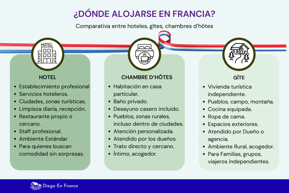 gráfico de diegoenfrance.com comparando tipos de alojamiento en Francia: hoteles, gîtes y chambres d’hôtes para el turismo en Francia
