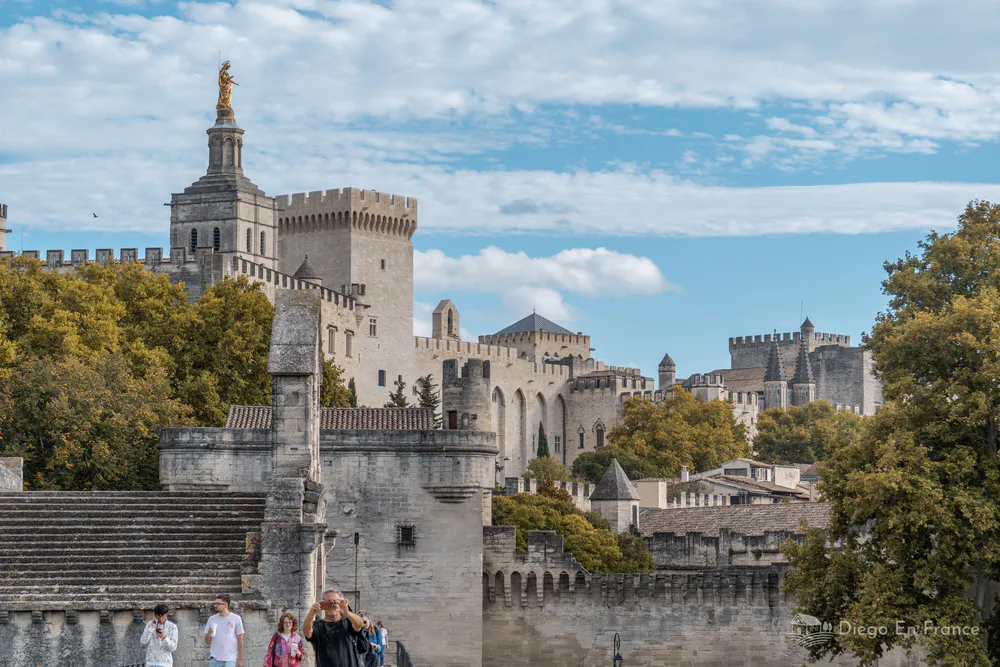 Fotografía de diegoenfrance.com mostrando el palacio papal y el puente medieval, perfecta para quienes buscan qué hacer en Aviñón con historia y panorámicas