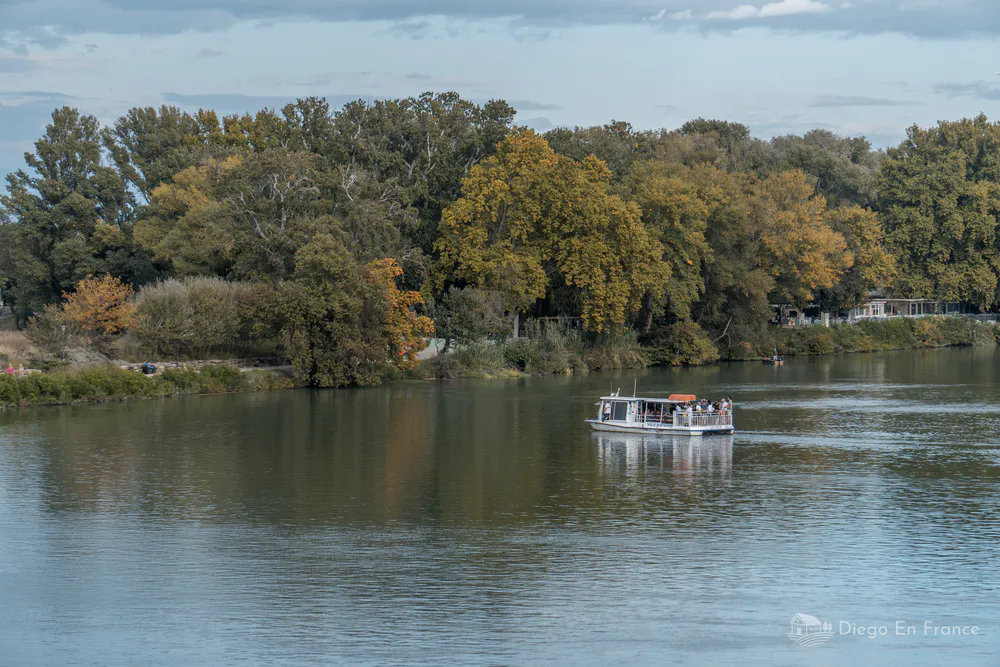 Fotografía de diegoenfrance.com mostrando el bac à traille en el Ródano, perfecta para ilustrar qué ver en Aviñón con vistas al río