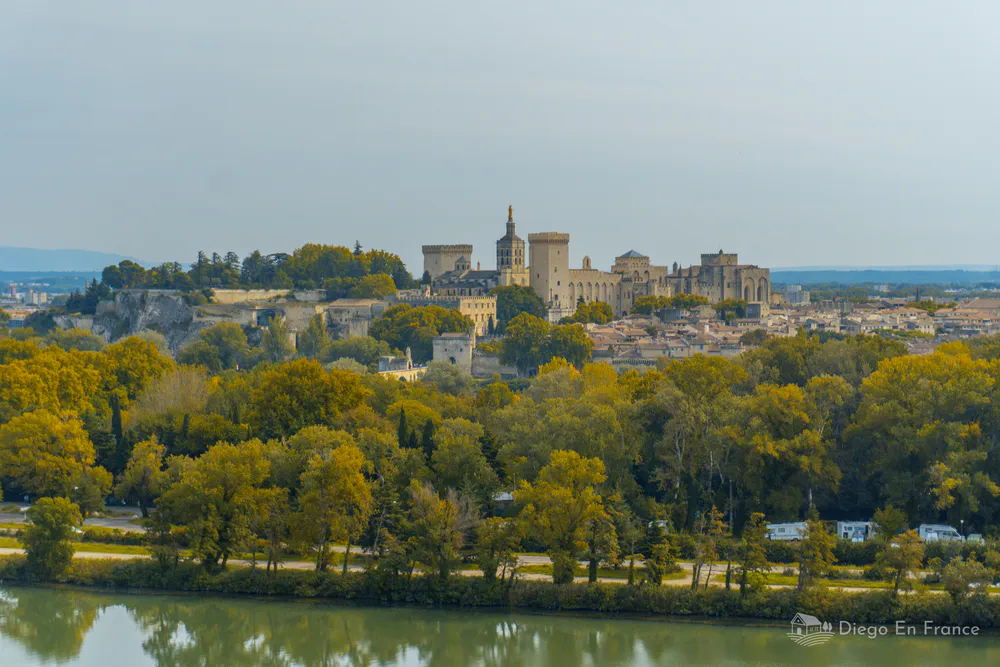 Fotografía de diegoenfrance.com del Palacio de los Papas y el Pont d’Avignon vistos desde el otro lado del Ródano.